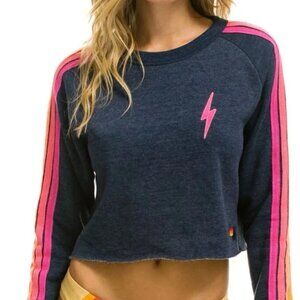Aviator Nation CLASSIC CROPPED CREW SWEATSHIRT bolt -  NAVY NEON STRIPES Small S